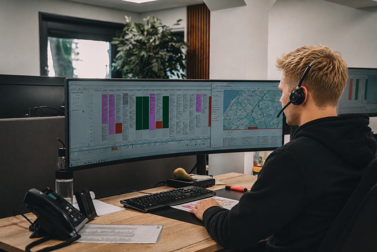 Planner achter zijn bureau met headset en planningsschermen